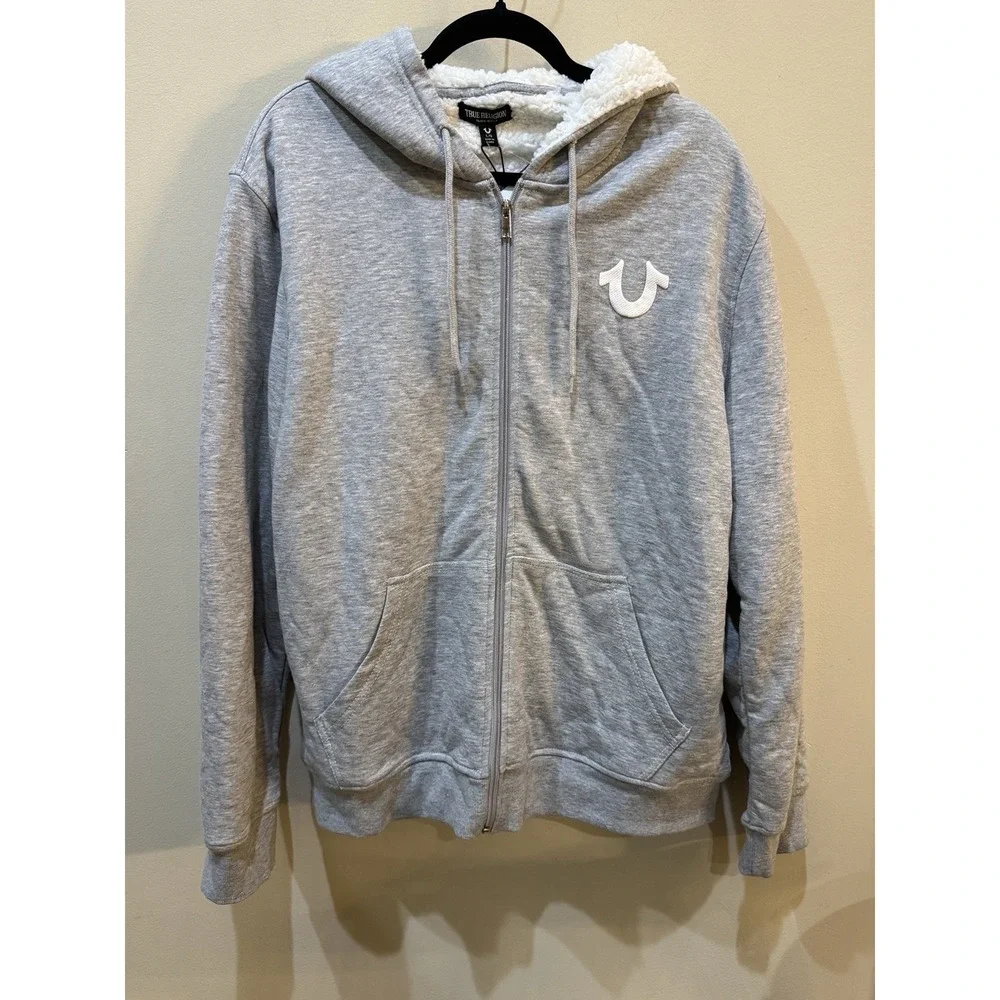 True Religion Sherpa Print Logo Seal Full Zip Hoodie in heather grey Size Large